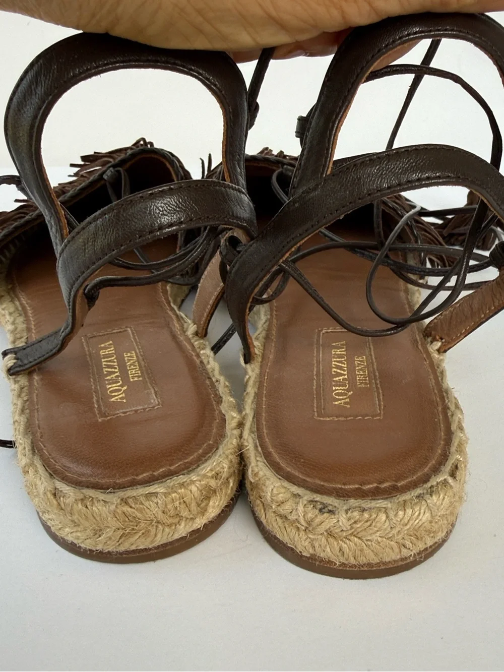 Aquazzura Pocahontas Brown Suede Fringe Espadrille Lace-Up Sandals Size 8 Tassel